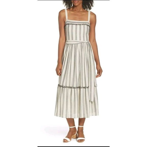 Maggy London Women's Stripe Flounce Sundress With Tassles Size US 8 - Picture 2 of 11